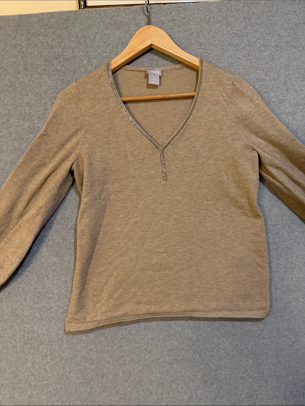 Chico's Taupe V-Neck Sweater with Metallic Trim